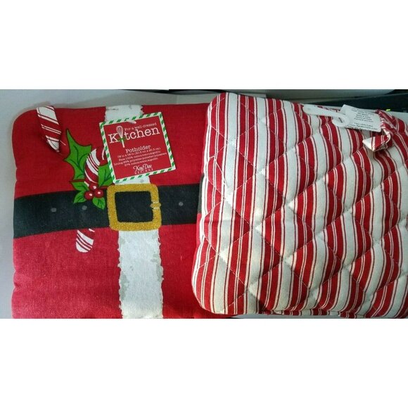 Kitchen Pot Holder Set of 2 KayDee Designs Santa Belt Candy Cane Striped Back 8 - Picture 4 of 6
